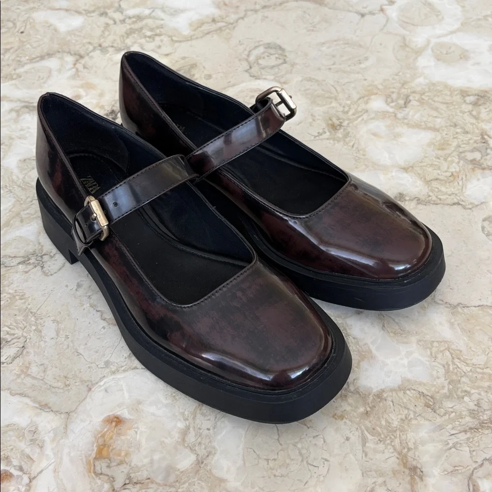 ZARA Burgundy Patent Mary Jane Platform Loafers – Chunky Sole - Picture 3 of 10